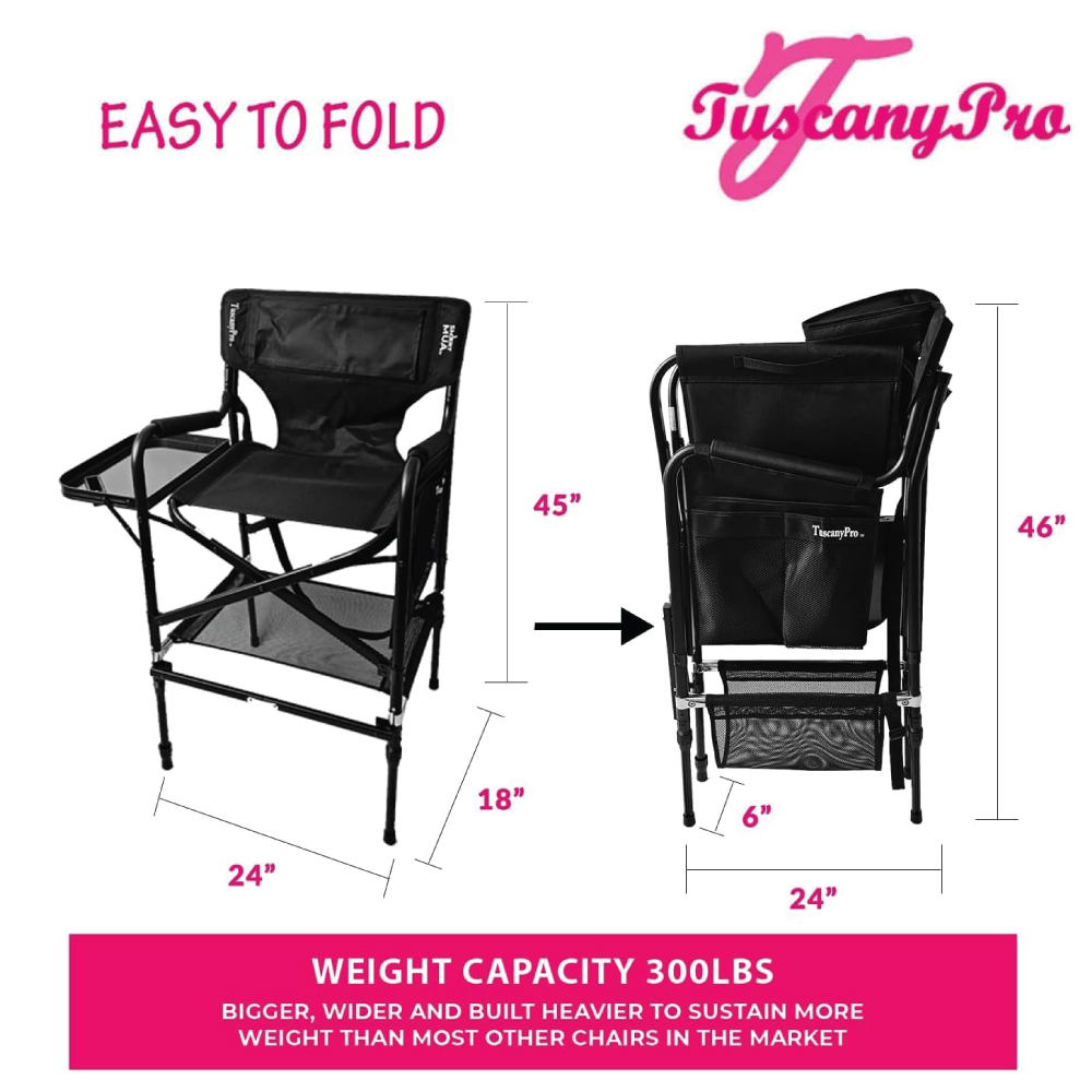 Tuscany Pro Smart Adjustable Portable Makeup Artist, Hairstylist & Event Chair – 22", 25", 29" Adjustable Height