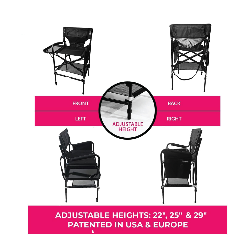 Tuscany Pro Smart Adjustable Portable Makeup Artist, Hairstylist & Event Chair – 22", 25", 29" Adjustable Height