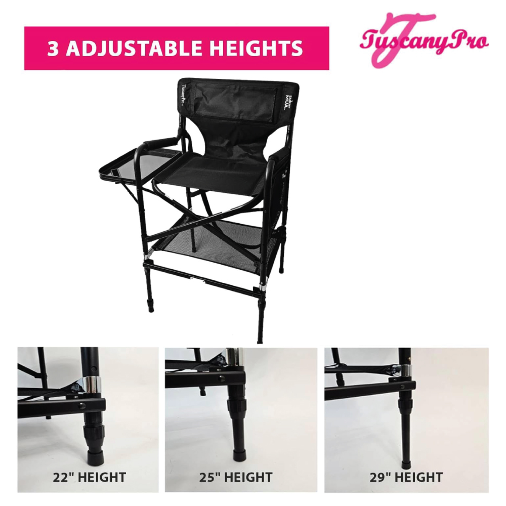 Tuscany Pro Smart Adjustable Portable Makeup Artist, Hairstylist & Event Chair – 22", 25", 29" Adjustable Height