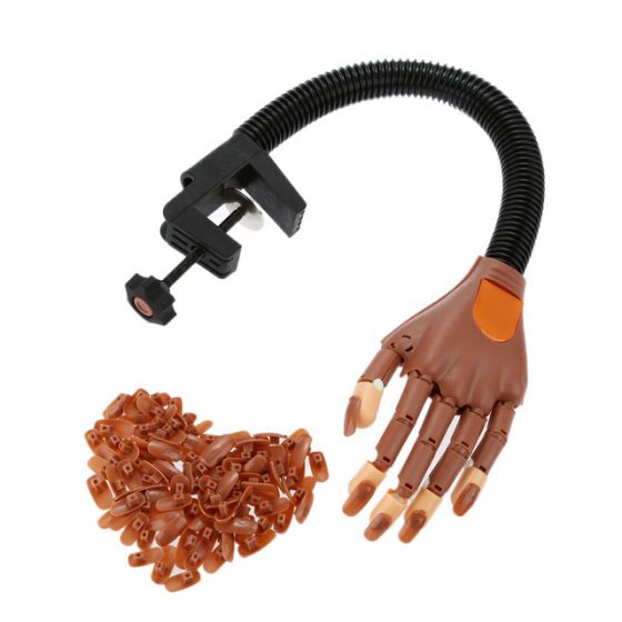 Adjustable Nail Art Model Hand False Nails Matched Practice Hand Clamp Holder with 100 Refill Nail Tips  for Training and Display